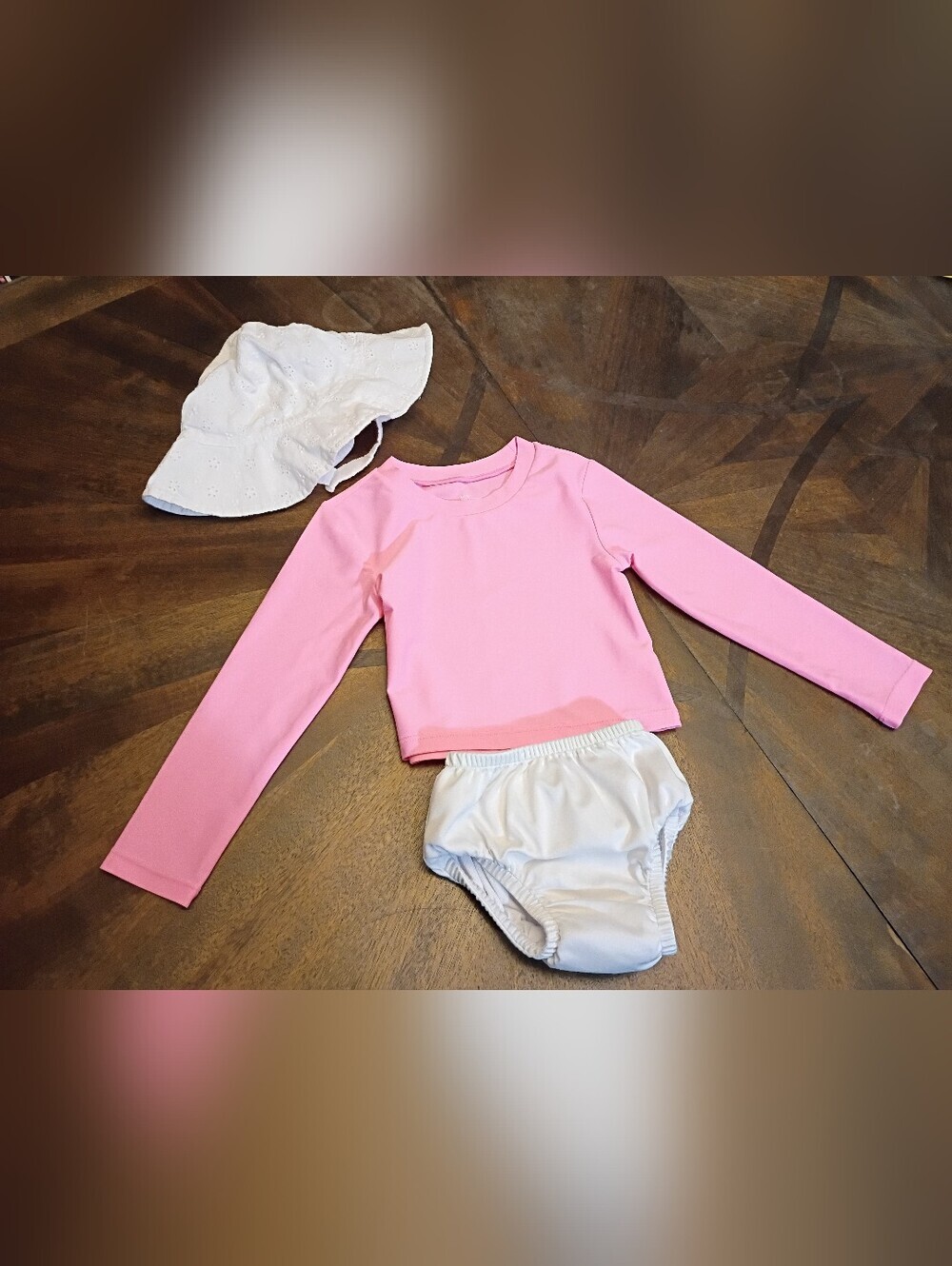 Baby Girls Pink Rash Guard Swim Set w/ White Bloomers & Eyelet Sun Hat 12M-24M